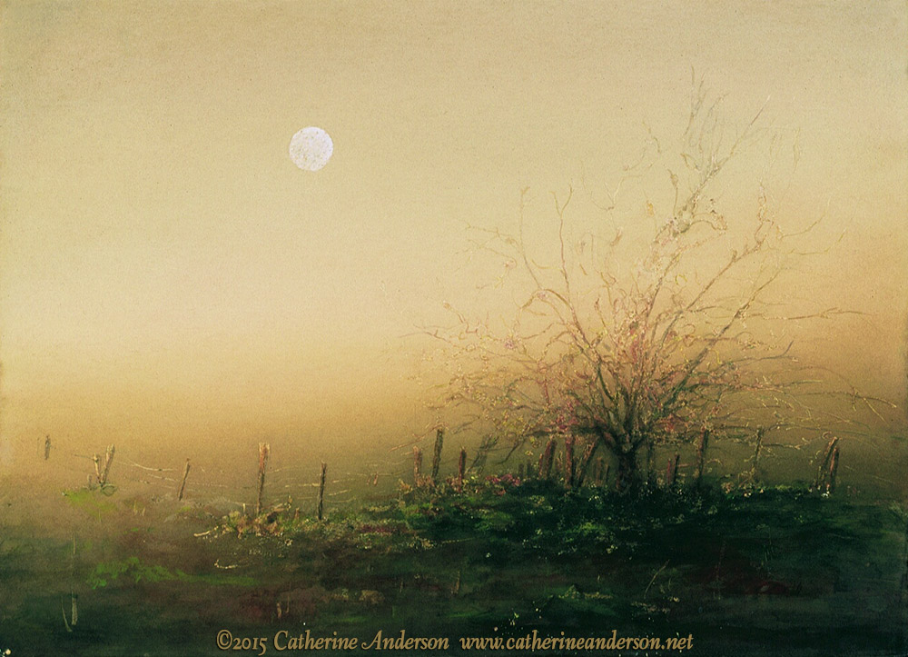 Catherine Anderson, AWS : Landscapes : I Wished Upon the Moon, 30” x 22” Watercolor painting of a tree in a pasture near a fence by Catherine Anderson, AWS