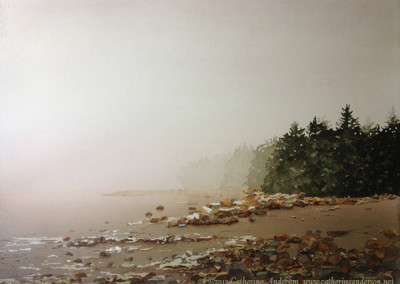 Watercolor Q & A : Seascapes & Sailboats : 30” x 22” Watercolor painting of a foggy shoreline in Maine with trees by Catherine Anderson, AWS