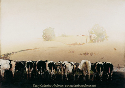 Cows and Livestock Paintings : Life in the Fast Lane, 30” x 22” Watercolor painting of a row of cow eating, viewed from behind on a foggy day by Catherine Anderson, AWS