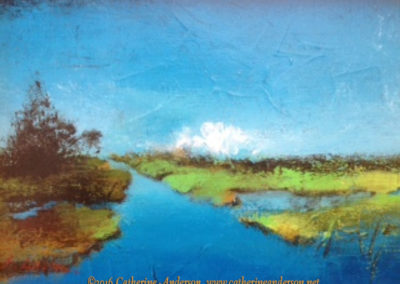 Acrylic Paintings : All That Heaven Will Allow, 7"w 5"h Original Acrylic painting of an impressionist landscape with blue sky, river, and green river banks by Catherine Anderson, AWS