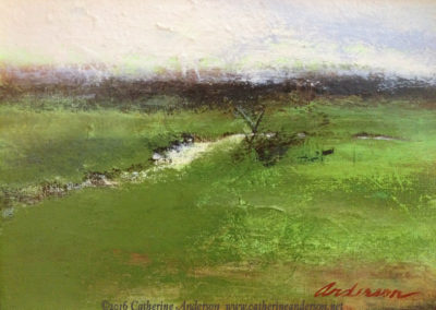 Acrylic Paintings : Back to the Earth, 7"w 5"h Original Acrylic painting of an impressionist landscape with river in predominant green hues by Catherine Anderson, AWS