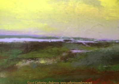 Acrylic Paintings : Come Softly, 7"w 5"h Original Acrylic painting of an impressionist landscape with predominant green and yellow hues and lavender accents by Catherine Anderson, AWS