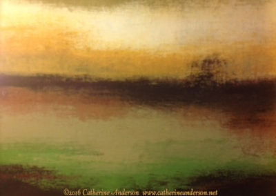 Acrylic Paintings : Earth Song, 7"w 5"h Original Acrylic painting of an impressionist lakeside landscape in green and gold hues by Catherine Anderson, AWS