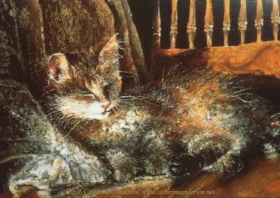 Catherine Anderson, AWS Pet portraits : Portrait of Princess, Pet portrait of a sleeping tabby cat in watercolor. Painting by Catherine Anderson, AWS